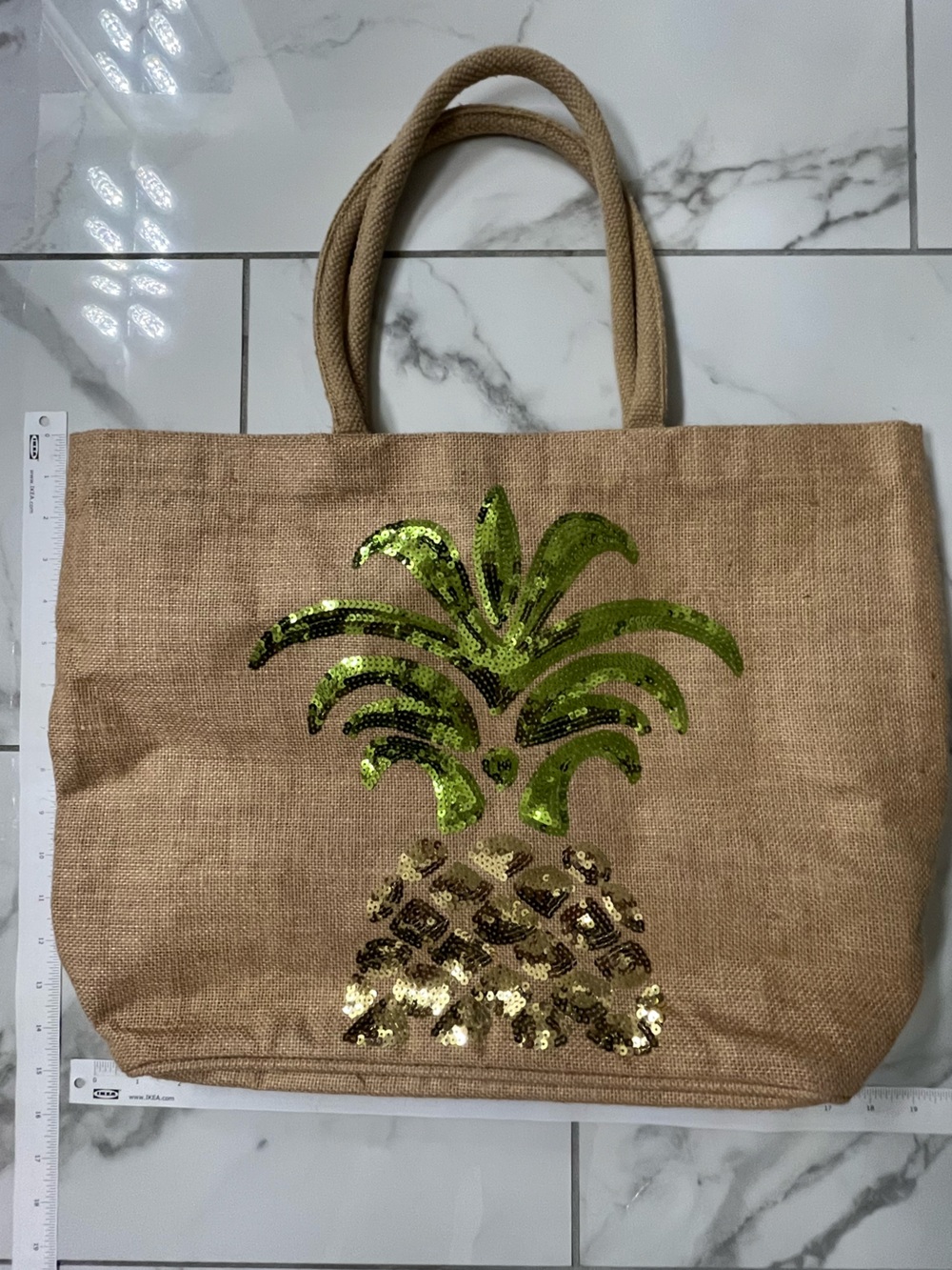 Natural Burlap Tote with Green & Gold Sequin Pineapple
